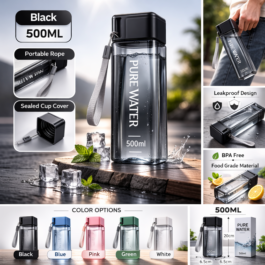 Clear Square Water Bottle – Lightweight & Portable
